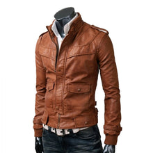 Load image into Gallery viewer, HANDMADE MEN TAN SLIM FIT LEATHER JACKET WITH FLAP POCKETS
