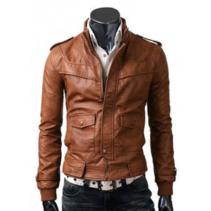HANDMADE MEN TAN SLIM FIT LEATHER JACKET WITH FLAP POCKETS