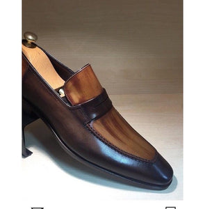 Hand Panted Brown Shoes, Men's Slip On Leather Shoes