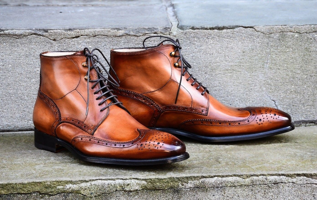 Hand Stitched Men Lace Up Ankle High Boots, Brown Brogues Designer Leather Boots