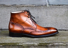 Load image into Gallery viewer, Hand Stitched Men Lace Up Ankle High Boots, Brown Brogues Designer Leather Boots
