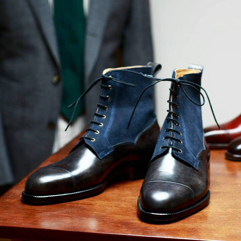 Handmade Men's Ankle High Leather Suede Blue Black Cap Toe Boot - leathersguru
