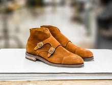 Load image into Gallery viewer, Handcrafted Chukka Brown Tone Suede Leather Men Double Buckle Strap Monk Boots

