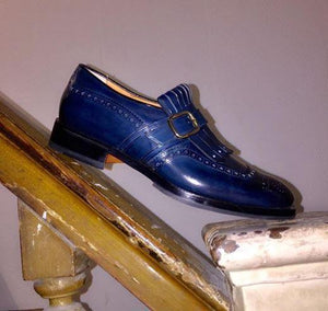 Handmade Blue Monk Strap Brogue Fringe Loafers - leathersguru