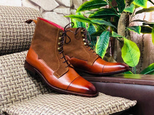 Handmade Brown Leather Suede Cap Toe Lace Up Boot - leathersguru