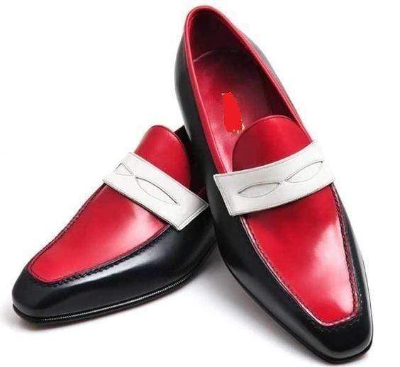 Men's Leather Red Black Slip On Moccasin Penny Loafers - leathersguru