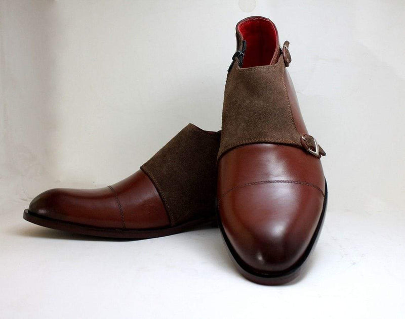 Handmade Burgundy Brown Leather Suede Monk Boot - leathersguru