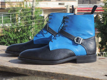 Load image into Gallery viewer, Handmade Blue Black Lace Up Buckle Leather Boot - leathersguru
