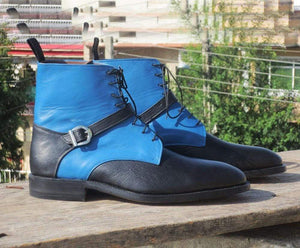 Handmade Blue Black Lace Up Buckle Leather Boot - leathersguru