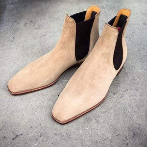 Handmade Men's Ankle High Beige Chelsea Suede Boot - leathersguru