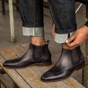 Handmade Men's Black Leather Chelsea Wing Tip Ankle Boot - leathersguru
