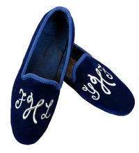 Load image into Gallery viewer, Handmade Embroidery Blue Slip On Velvet Shoe - leathersguru

