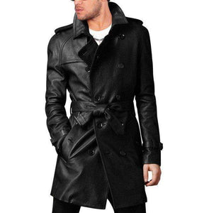 Men Leather Trench Coat Men's Belted Long Leather Coat Men's Jackets - leathersguru