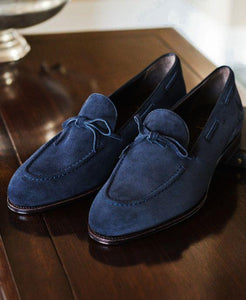 Handmade Navy Blue Loafers Suede Shoes - leathersguru