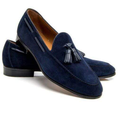 Handmade Men's Navy Blue Suede Slip On Tussles Shoes - leathersguru