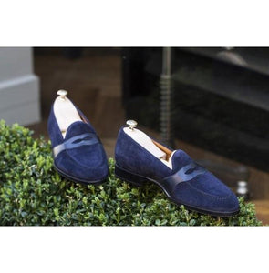 Handmade Navy Blue Penny Loafers Suede Shoes - leathersguru
