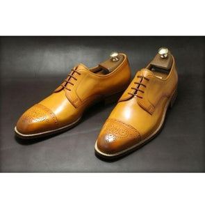 Handmade Tan Leather Cap Toe Brogue Shoes - leathersguru