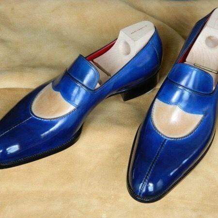 Handmade Blue Beige Leather Split Toe Shoes - leathersguru