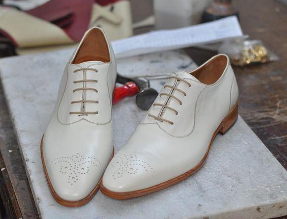 Men's Leather White Brogue Toe Shoes - leathersguru