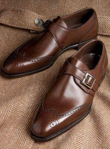 Men's Brown Leather Monk Strap Derby Shoe - leathersguru