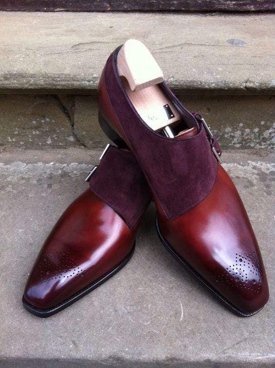 Handmade Burgundy Leather Suede Monk Shoe - leathersguru