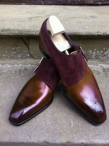 Handmade Brown Leather Suede Monk Shoe - leathersguru