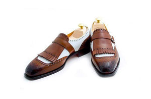 Men's Leather Monk Strap Brown White Fringe Brogue Shoes - leathersguru