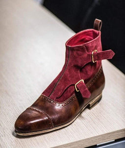 Handmade Brown Burgundy Monk Strap Cap Toe Boot - leathersguru