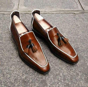 Handmade Brown Leather Tussles Loafers - leathersguru