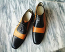 Handmade Men's Tan Black Cap Toe Lace Up  Leather Shoe - leathersguru