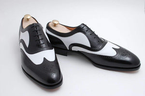 Men's Leather White Black Wing Tip Brogue Shoes - leathersguru