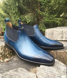 Handmade Half Ankle Blue Leather Chelsea Boot - leathersguru