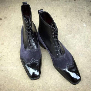 Handmade Men's Ankle High Leather Suede Purple Black Wing Tip Boot - leathersguru