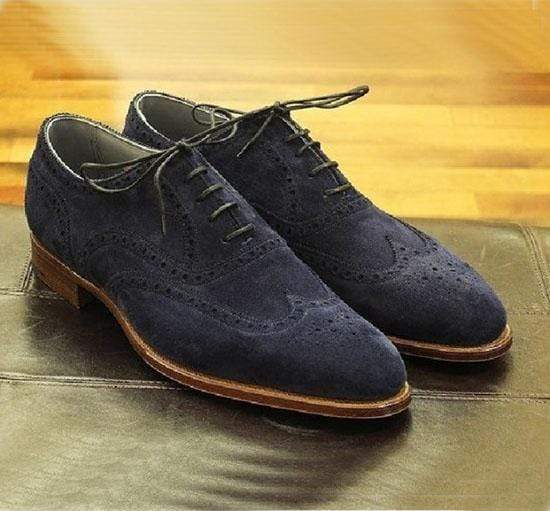 Handmade Navy Blue Suede Wing tip Brogue Shoes - leathersguru