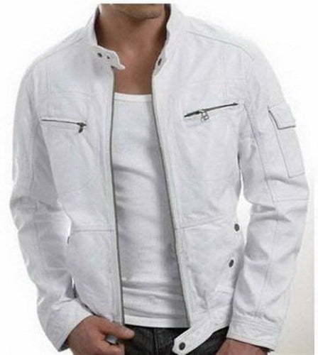 New Men Stylish Unique White Leather Jacket, Men Leather jacket - leathersguru