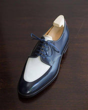 Load image into Gallery viewer, Handmade Men&#39;s Blue White Leather Round Toe Shoes - leathersguru

