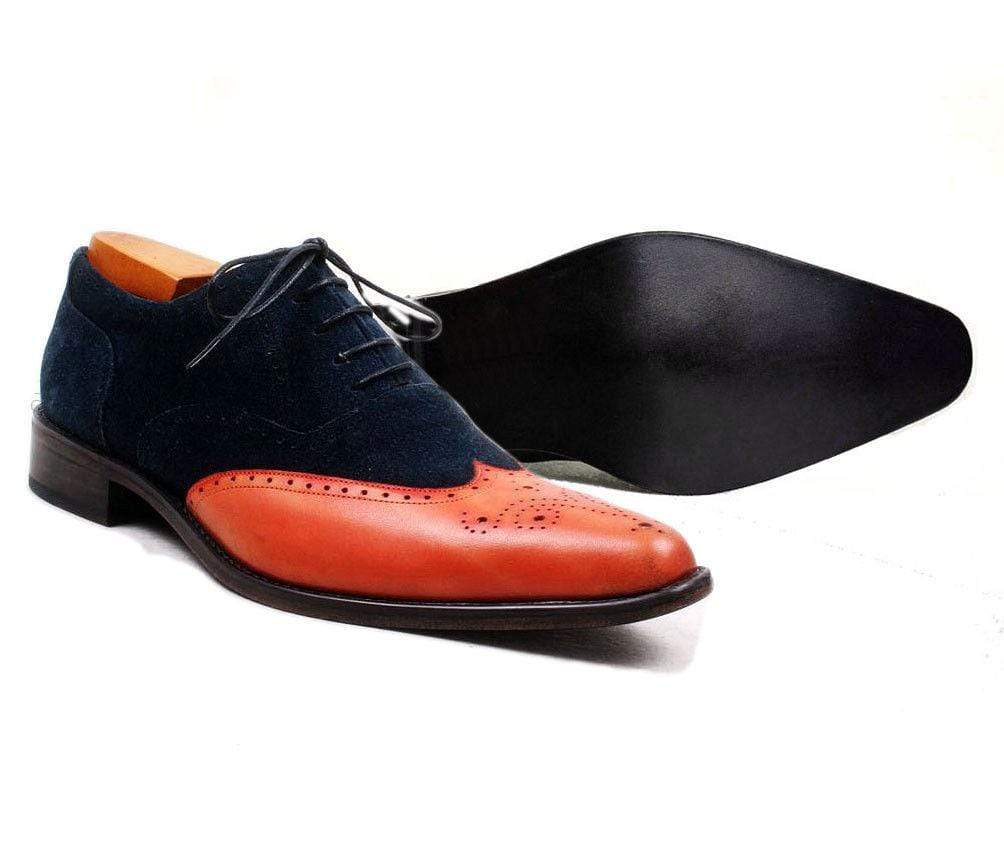 Men's New Tan Navy Blue Leather Suede  Shoe - leathersguru