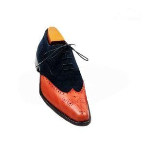 Men's New Tan Navy Blue Leather Suede  Shoe - leathersguru