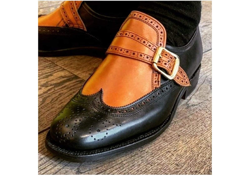 Handmade Tan Black Monk Strap Leather Shoes - leathersguru