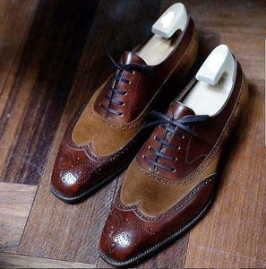 Handmade Brown Leather Suede Wing tip Shoe - leathersguru