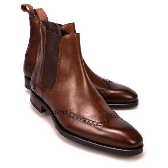 Handmade Men's Ankle High Brown Leather Chelsea Wing Tip Boot - leathersguru