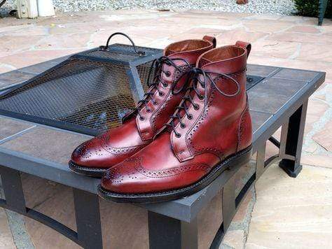 Handmade Burgundy Wing Tip Brogue Leather Boot - leathersguru