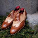 Handmade Men's Leather Brown Beige Wing Tip Brogue Shoes - leathersguru
