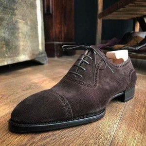 Handmade Men's Suede Dark Brown Derby Cap Toe Shoes - leathersguru
