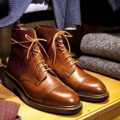 Handmade Men's Ankle High Leather Tan Cap Toe Lace Up Boot - leathersguru