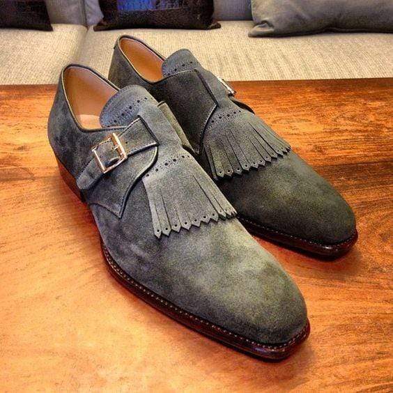 Handmade Men's Suede Monk Strap Gray Derby Fringe Shoes - leathersguru