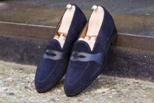 Load image into Gallery viewer, Handmade Navy Blue Penny Loafers Suede Shoes - leathersguru
