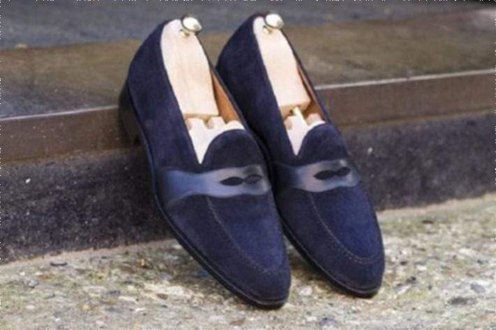 Handmade Navy Blue Penny Loafers Suede Shoes - leathersguru