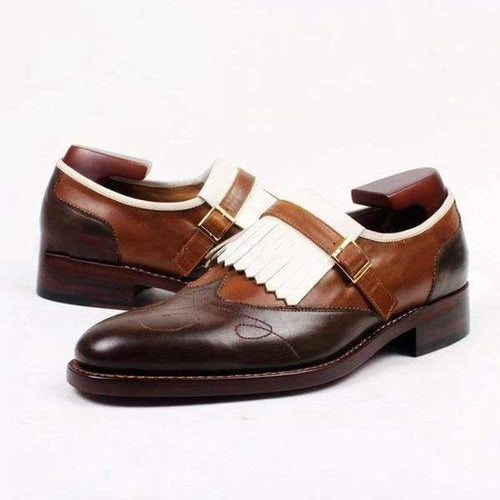 Handmade Brown Monk Strap Fringe Shoes - leathersguru