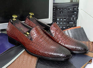 Handmade Alligator Skin Brown Leather Slip On Shoes